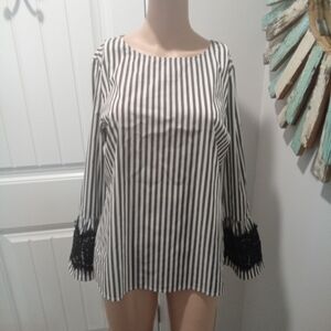 Black and White Worthington Striped Lace Bell Sleeve Top Size M